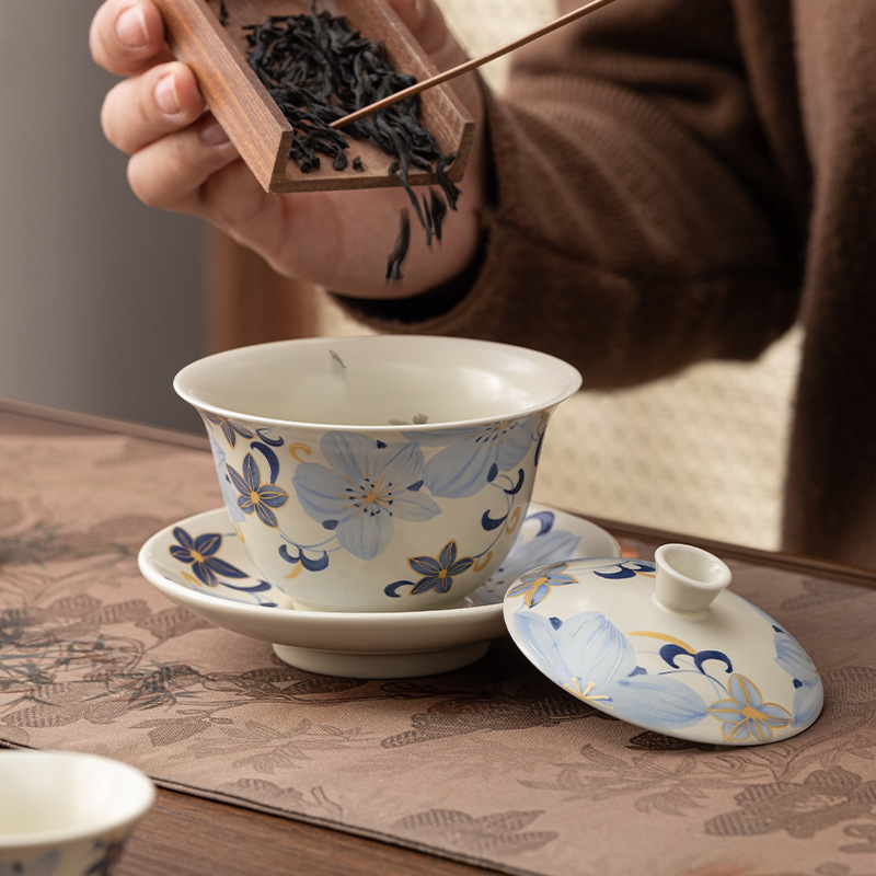 Linglan Lily gaiwan pentru ceai, ceramică trei-talente gaiwan Kung Fu set ceai, bol de ceai premium