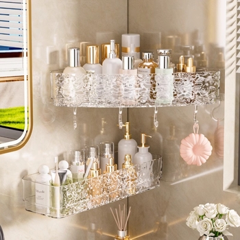Raft de baie triunghiular montat pe perete pentru cosmetice și produse de igienă, fără găuri