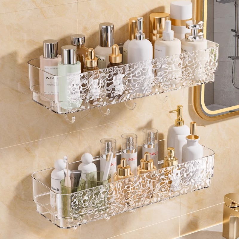 Raft de baie triunghiular montat pe perete pentru cosmetice și produse de igienă, fără găuri