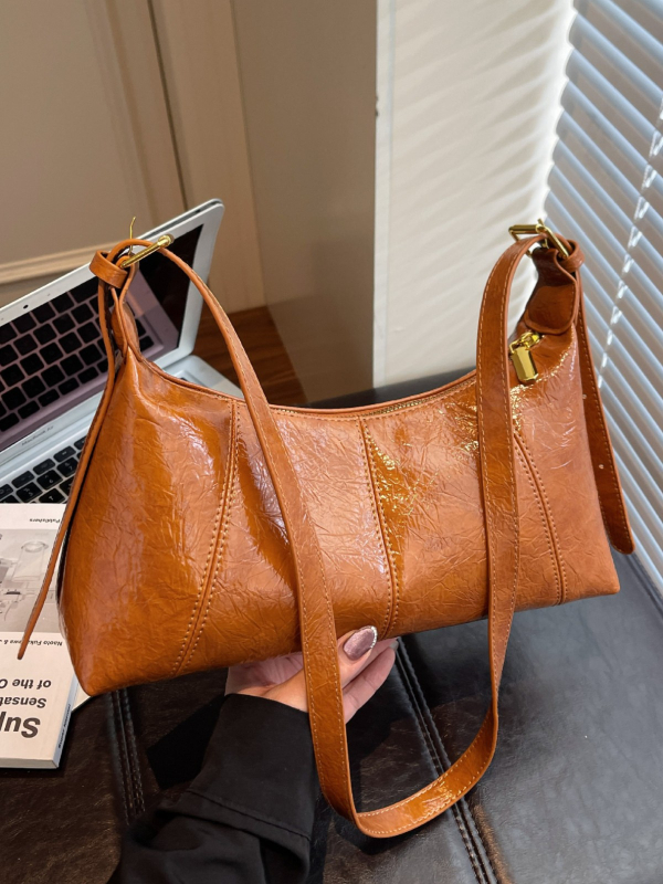 Ženska crossbody torba baguette stila, teksturirana PU, gradski minimalistički dizajn, s džepom na zip, za svakodnevnu upotrebu