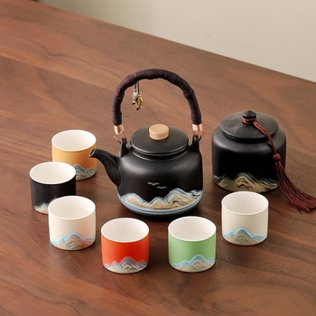 Set Gongfu de ceai, stil chinezesc, pentru uz casnic, ceainic cu mâner mare, set complet pentru prepararea ceaiului, ceainic cu mare capacitate pentru ceai cu flori