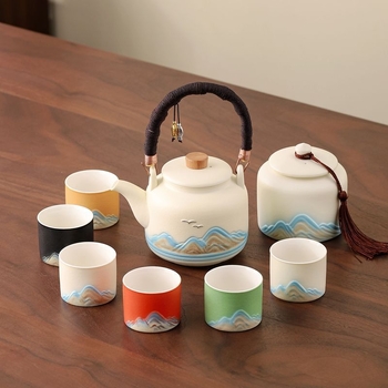 Set Gongfu de ceai, stil chinezesc, pentru uz casnic, ceainic cu mâner mare, set complet pentru prepararea ceaiului, ceainic cu mare capacitate pentru ceai cu flori