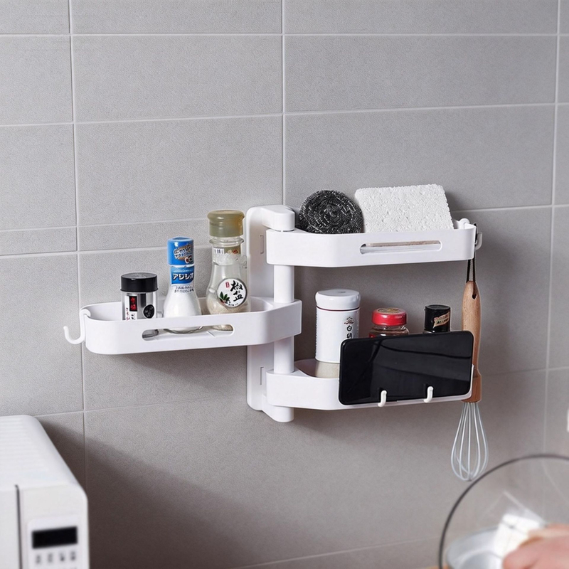 Raft de baie montat pe perete, fără găuri, organizator multitier pentru prosoape și produse cosmetice