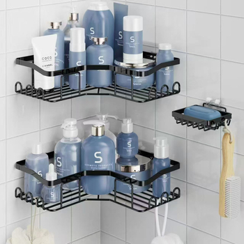 Raft metal triunghiular pentru baie, montaj cu ventuze, fără găuri, set din trei piese, pentru colț