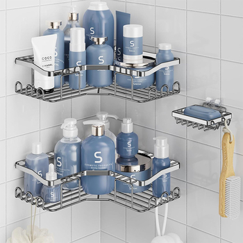 Raft metal triunghiular pentru baie, montaj cu ventuze, fără găuri, set din trei piese, pentru colț