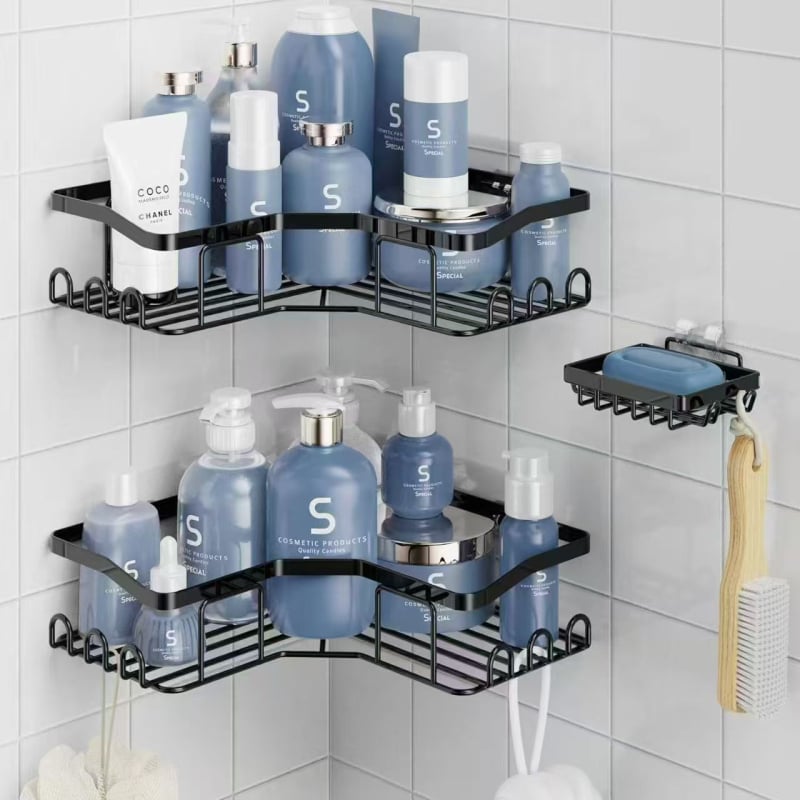 Raft metal triunghiular pentru baie, montaj cu ventuze, fără găuri, set din trei piese, pentru colț
