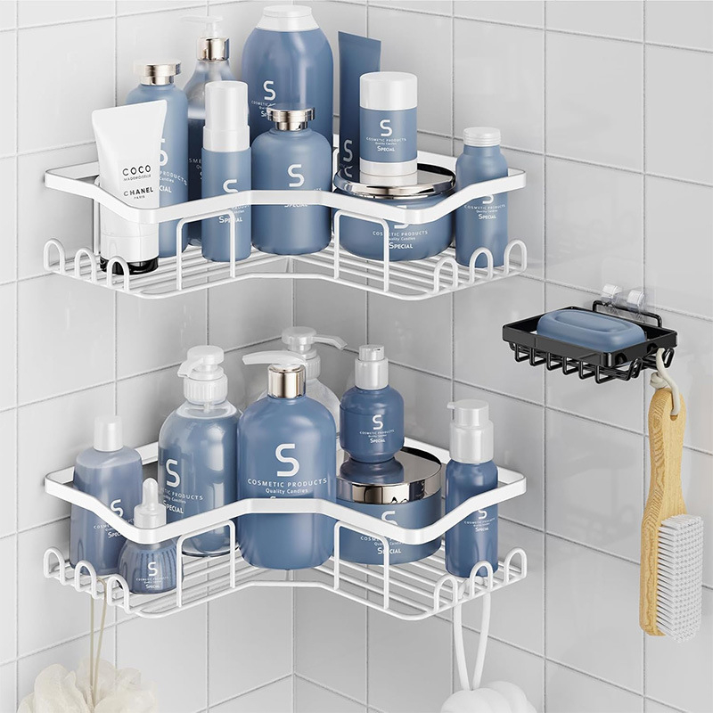 Raft metal triunghiular pentru baie, montaj cu ventuze, fără găuri, set din trei piese, pentru colț