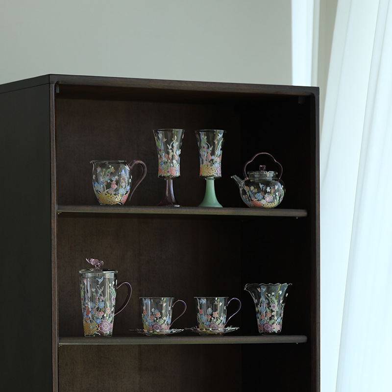 Set de ceai Kung Fu din sticlă rezistentă la temperatură, cu mâner, ceainic cu model floral, bol cu capac în trei părți, cești de ceai verde, ceașcă de degustare și ceașcă de servire
