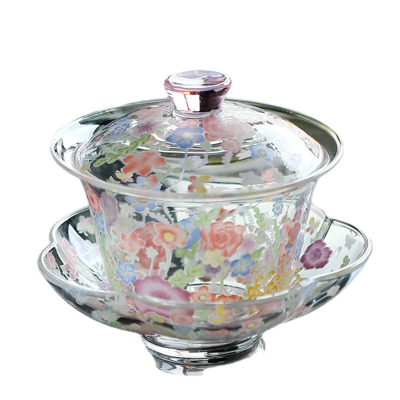 Set de ceai Kung Fu din sticlă rezistentă la temperatură, cu mâner, ceainic cu model floral, bol cu capac în trei părți, cești de ceai verde, ceașcă de degustare și ceașcă de servire