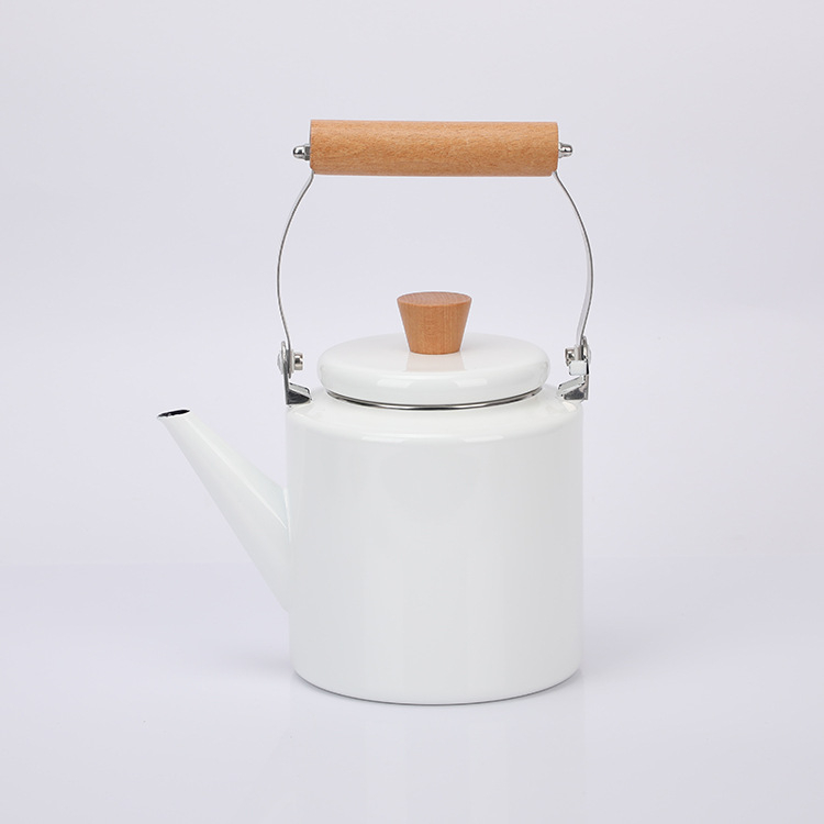 Ceainic emailat cu mâner din lemn, capacitate 2L, design modern și simplu