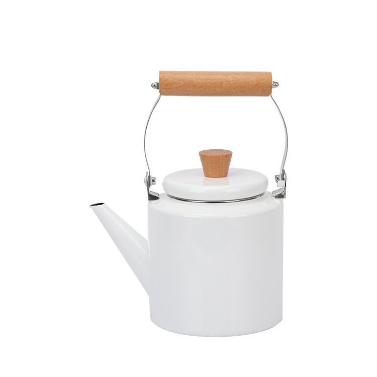 Ceainic emailat cu mâner din lemn, capacitate 2L, design modern și simplu
