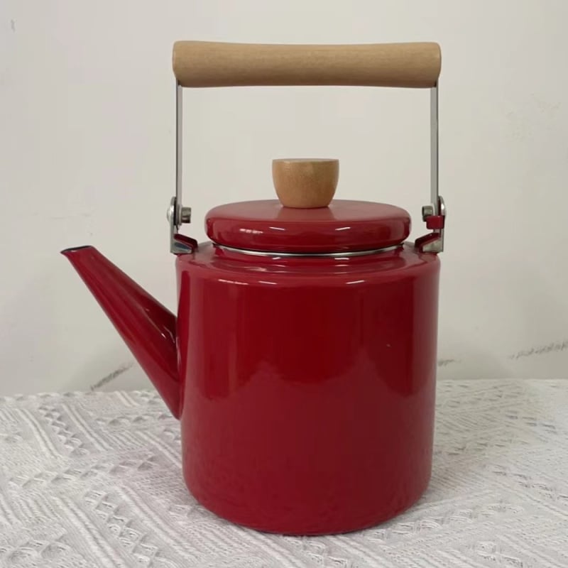 Ceainic emailat cu mâner din lemn, capacitate 2L, design modern și simplu