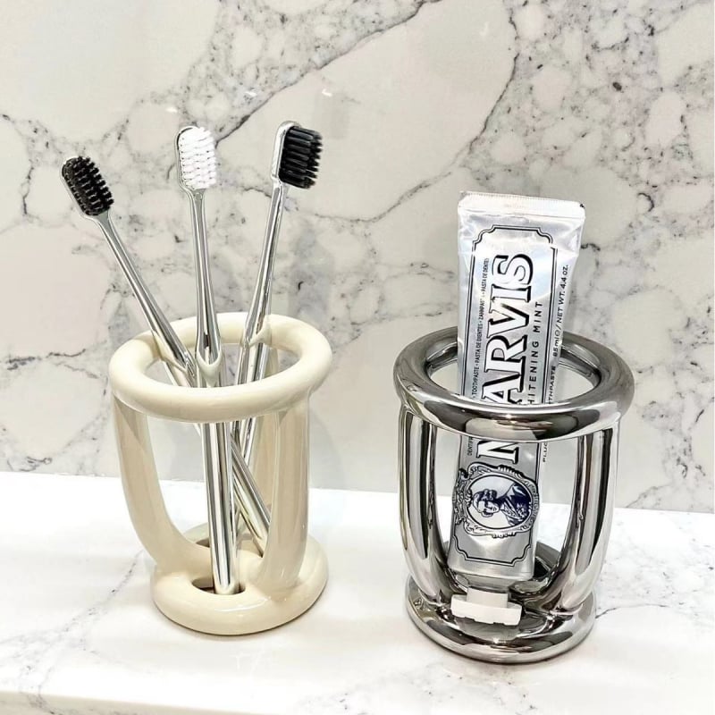 Suport ceramic pentru periuțe de dinți, raft de depozitare cu trei compartimente pentru pastă de dinți și produse de make-up