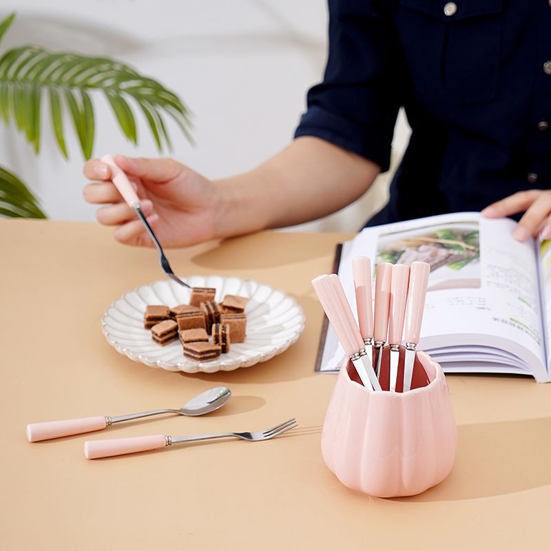 Set de fructe din ceramică, cu furculițe și linguri din oțel inoxidabil, cu recipient de depozitare – bețișoare pentru fructe pentru uz casnic