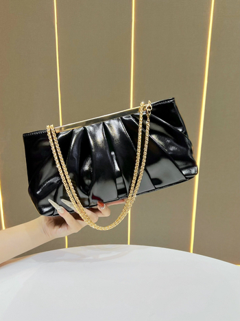 Geantă de damă din PU, textură plisată, aspect luxos, geantă de seară, purtabilă la umăr sau crossbody, formă orizontală pătrată, buzunar pentru telefon și documente, fermoar
