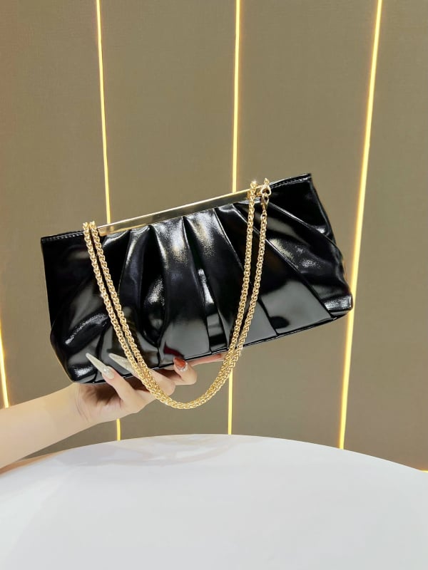 Geantă de damă din PU, textură plisată, aspect luxos, geantă de seară, purtabilă la umăr sau crossbody, formă orizontală pătrată, buzunar pentru telefon și documente, fermoar