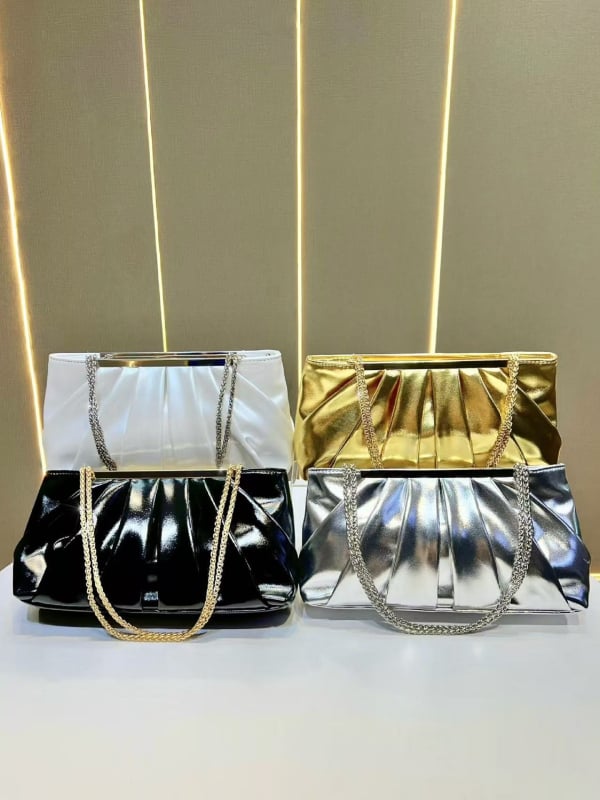 Geantă de damă din PU, textură plisată, aspect luxos, geantă de seară, purtabilă la umăr sau crossbody, formă orizontală pătrată, buzunar pentru telefon și documente, fermoar