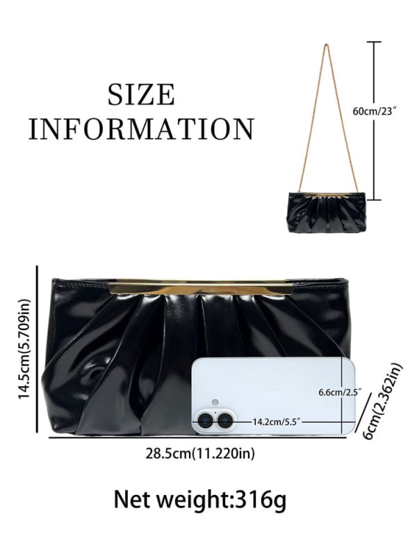 Geantă de damă din PU, textură plisată, aspect luxos, geantă de seară, purtabilă la umăr sau crossbody, formă orizontală pătrată, buzunar pentru telefon și documente, fermoar
