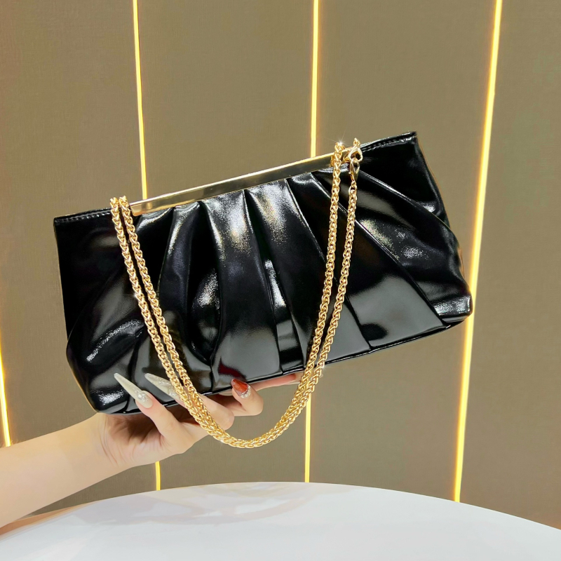 Geantă de damă din PU, textură plisată, aspect luxos, geantă de seară, purtabilă la umăr sau crossbody, formă orizontală pătrată, buzunar pentru telefon și documente, fermoar