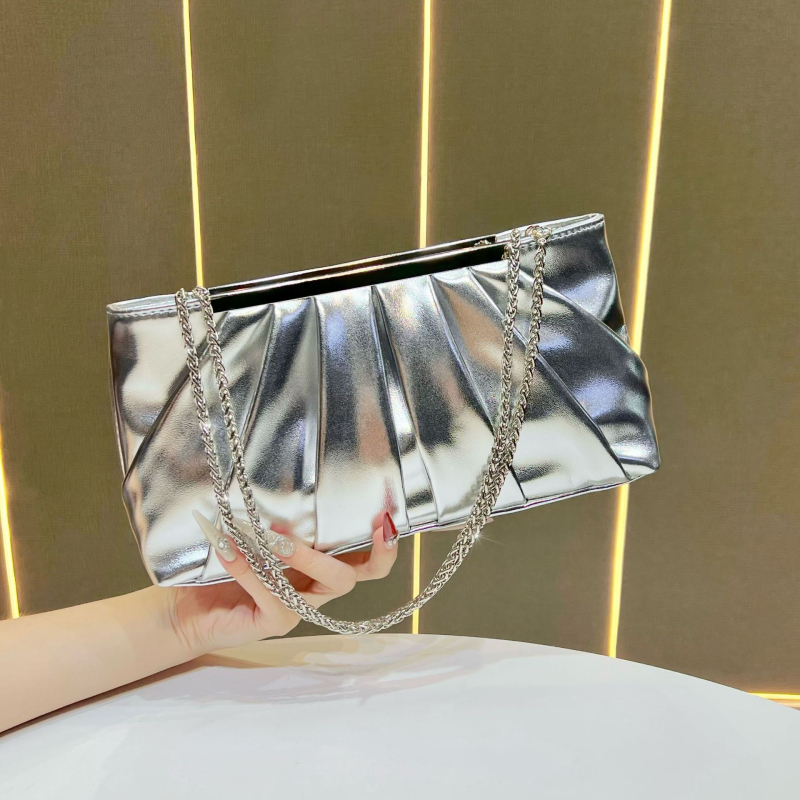 Geantă de damă din PU, textură plisată, aspect luxos, geantă de seară, purtabilă la umăr sau crossbody, formă orizontală pătrată, buzunar pentru telefon și documente, fermoar