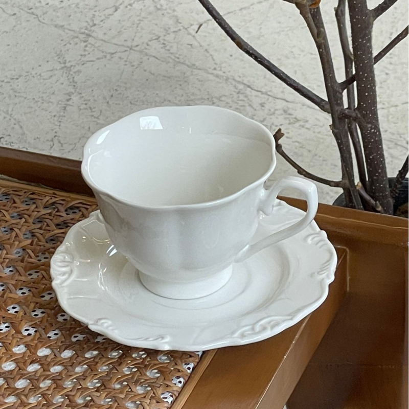 Ceașcă de cafea albă din ceramică, stil franțuzesc, set de ceai cu flori – pentru ceaiul de după-amiază, acasă, hotel sau restaurant