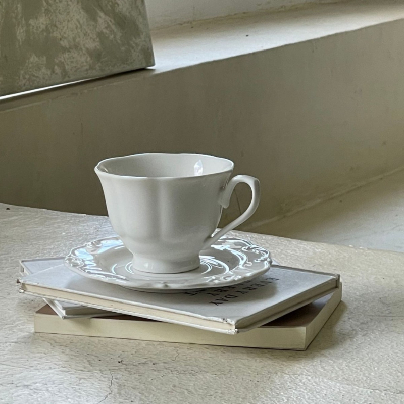 Ceașcă de cafea albă din ceramică, stil franțuzesc, set de ceai cu flori – pentru ceaiul de după-amiază, acasă, hotel sau restaurant