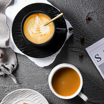 Set de cești de cafea din ceramică cu farfurie, stil Nordic, textură piatră negru-alb, design minimalist pentru ceaiul de după-amiază