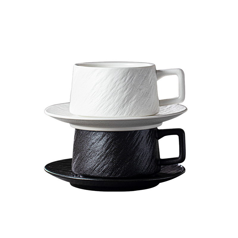 Set de cești de cafea din ceramică cu farfurie, stil Nordic, textură piatră negru-alb, design minimalist pentru ceaiul de după-amiază