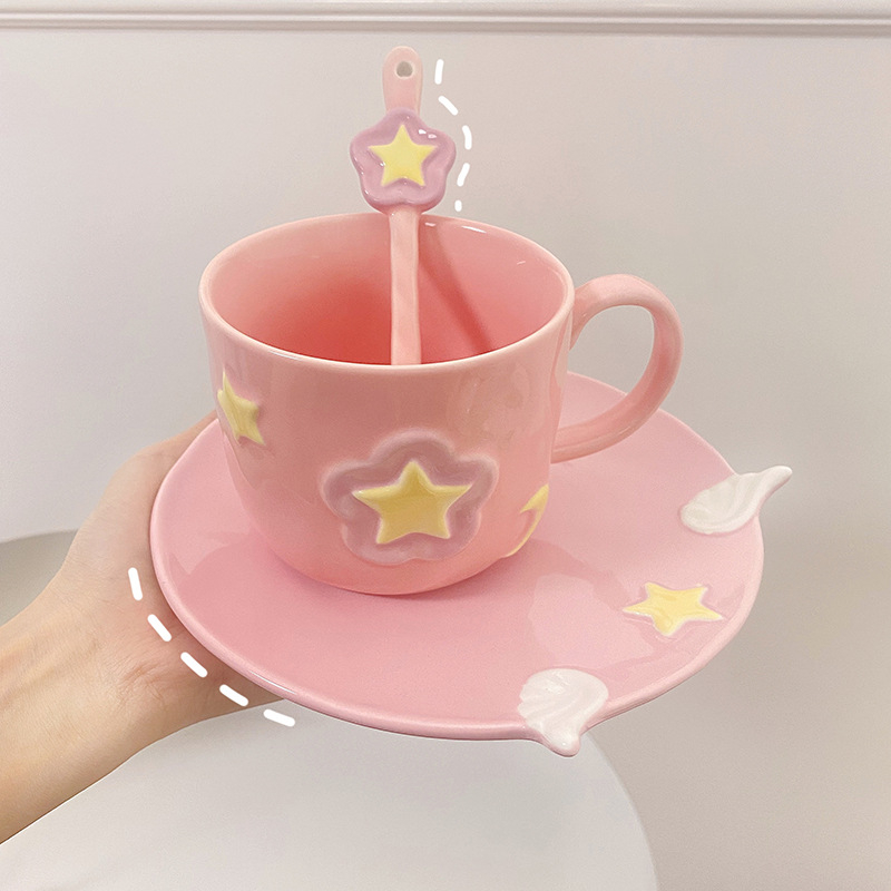 Set ceramic de cafea cu ceașcă și farfuriu, stil coreean, design retro rafinat pentru ceaiul de după-amiază