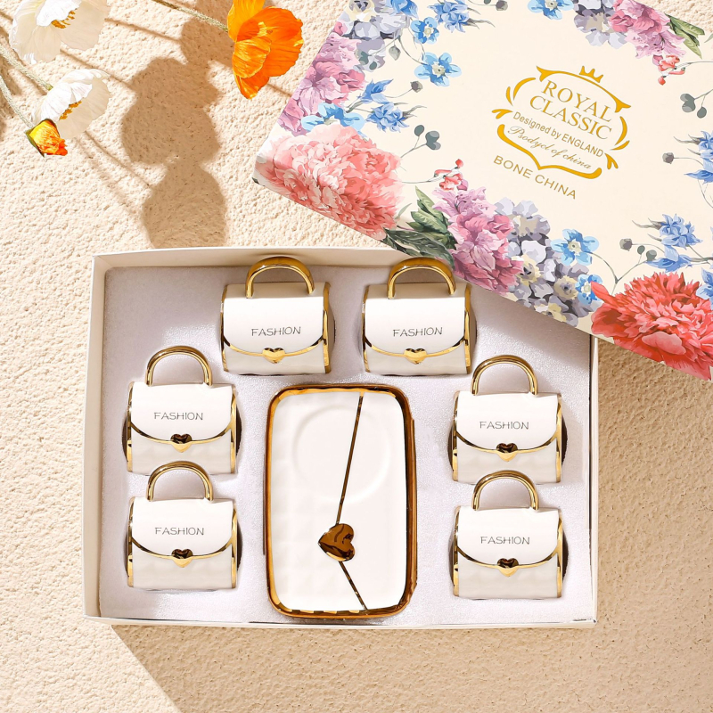 Set cadou cești de cafea din ceramică cu farfurioare, 6 cești și 6 farfurioare, stil nordic
