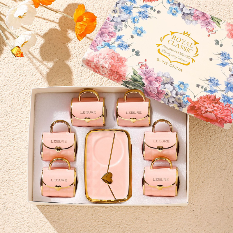 Set cadou cești de cafea din ceramică cu farfurioare, 6 cești și 6 farfurioare, stil nordic