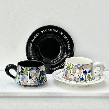 Set cești de cafea cu farfurioară Iris, ceramică retro, senzație premium pentru ceaiul de după-amiază, design elegant și creativ