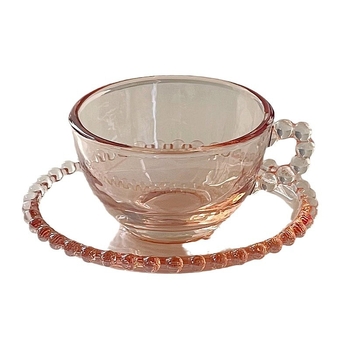Set din sticlă transparent: ceaștă de cafea cu farfurie și mâner din mărgele rotunde, ceașcă de lapte și farfurie; ideal pentru ceaiul franțuzesc de după-amiază și ceai de flori