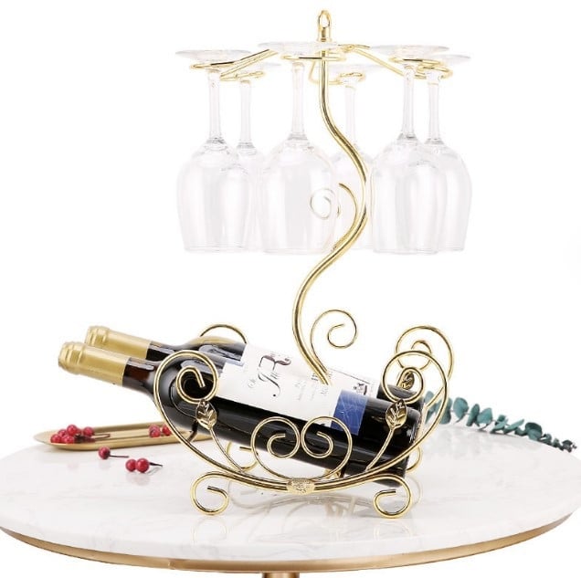 Raft din fier pentru vin cu suport pentru pahare, decor retro pentru dulapul de vin de acasă, suport pentru pahare cu paharele întoarse