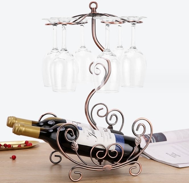 Raft din fier pentru vin cu suport pentru pahare, decor retro pentru dulapul de vin de acasă, suport pentru pahare cu paharele întoarse