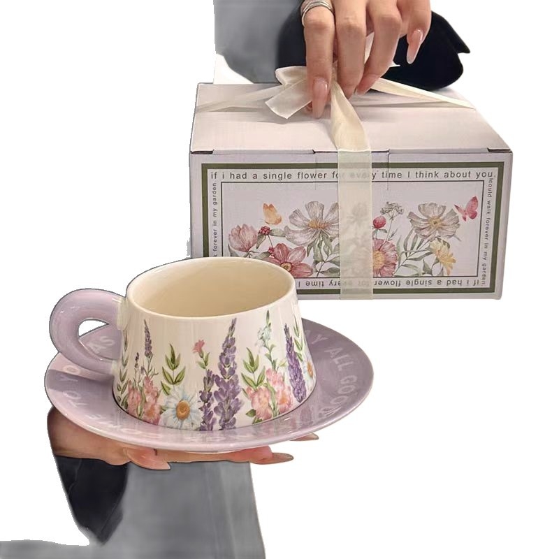 Set de cești ceramice pentru cafea, cu capac, stil retro, model floral, cadou pentru femei