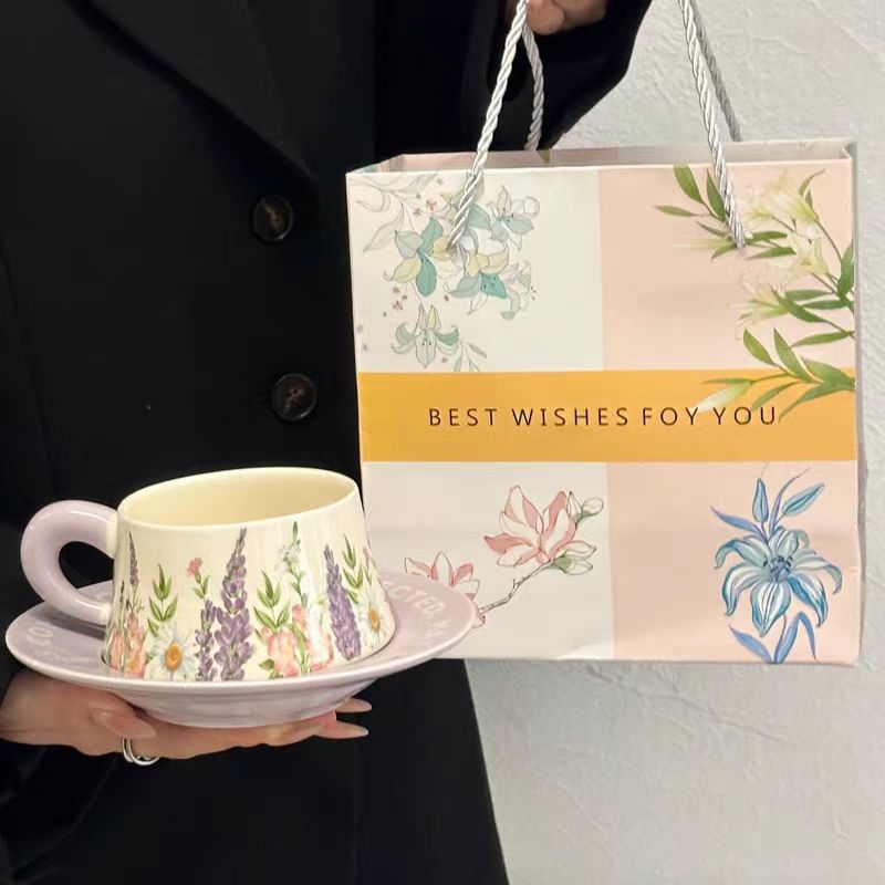 Set de cești ceramice pentru cafea, cu capac, stil retro, model floral, cadou pentru femei