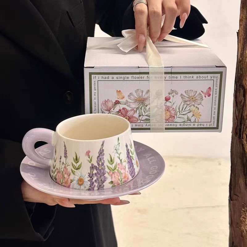Set de cești ceramice pentru cafea, cu capac, stil retro, model floral, cadou pentru femei