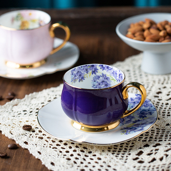 Set de cești de cafea și farfurioare din porțelan cu oase, stil italian, roz și mov, 90 ml, pentru cuplu