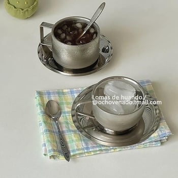 Set cești cafea și farfurioară, ceașcă latte din oțel inoxidabil, vintage, aspect atrăgător