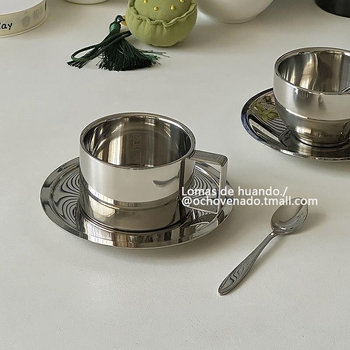 Set cești cafea și farfurioară, ceașcă latte din oțel inoxidabil, vintage, aspect atrăgător