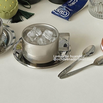 Set cești cafea și farfurioară, ceașcă latte din oțel inoxidabil, vintage, aspect atrăgător