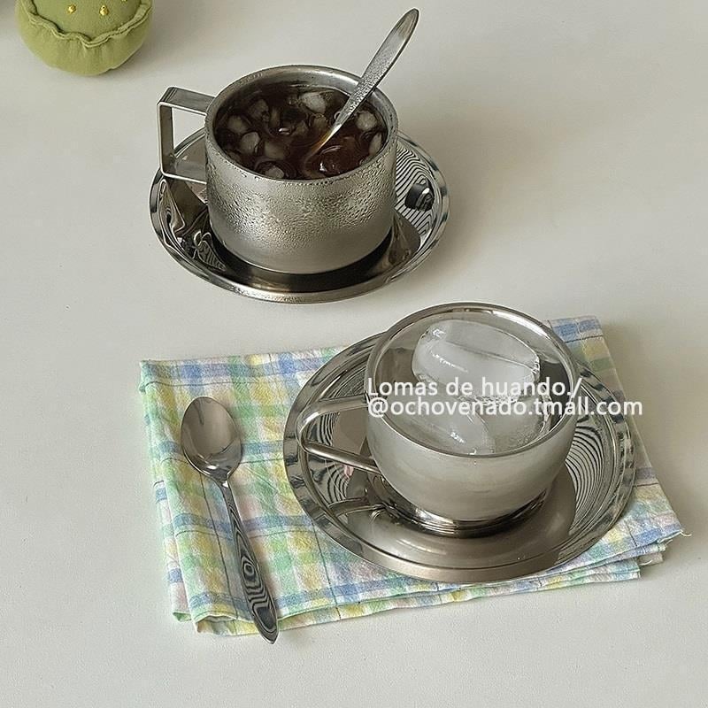 Set cești cafea și farfurioară, ceașcă latte din oțel inoxidabil, vintage, aspect atrăgător
