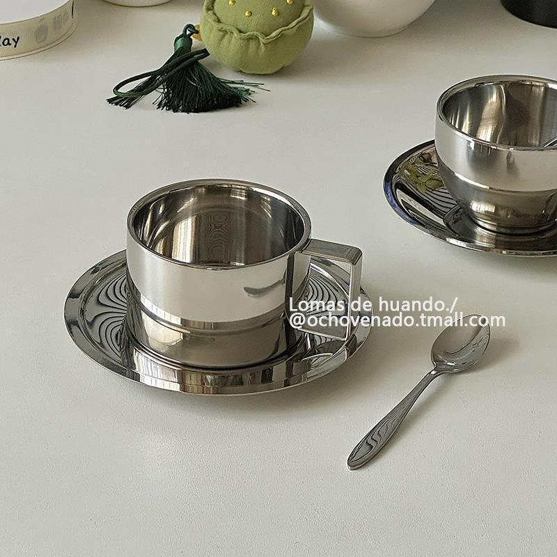 Set cești cafea și farfurioară, ceașcă latte din oțel inoxidabil, vintage, aspect atrăgător