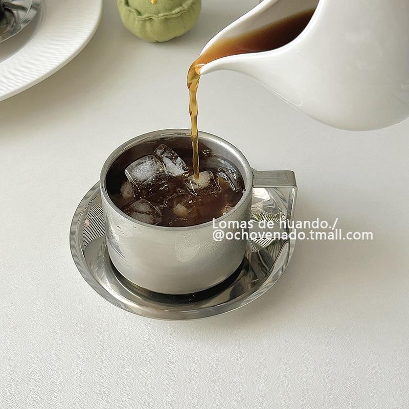 Set cești cafea și farfurioară, ceașcă latte din oțel inoxidabil, vintage, aspect atrăgător