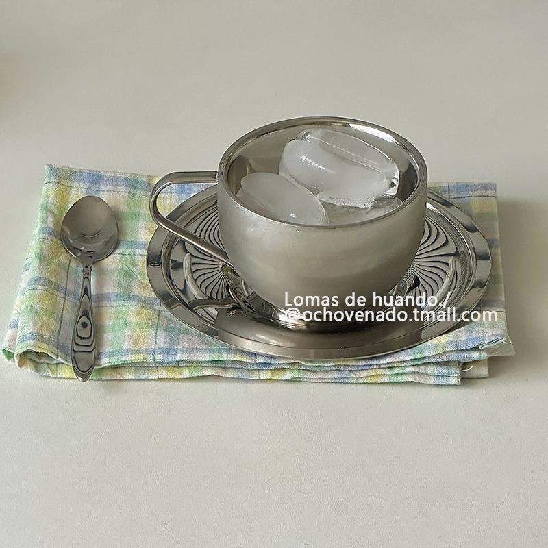 Set cești cafea și farfurioară, ceașcă latte din oțel inoxidabil, vintage, aspect atrăgător