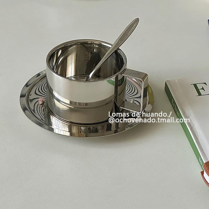 Set cești cafea și farfurioară, ceașcă latte din oțel inoxidabil, vintage, aspect atrăgător