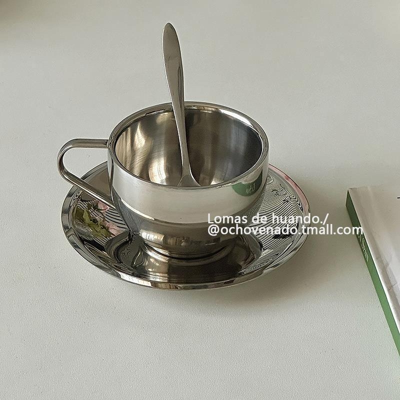 Set cești cafea și farfurioară, ceașcă latte din oțel inoxidabil, vintage, aspect atrăgător