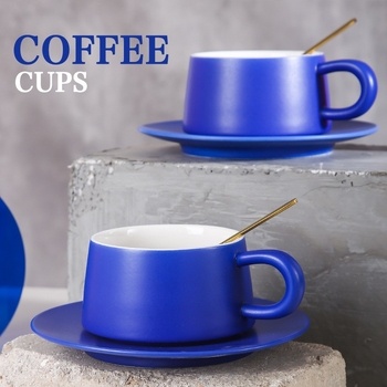 Set de cești de cafea cu farfurioare Klein blue, ceramică de înaltă calitate, stil lejer lux pentru birou și ceai de după-amiază