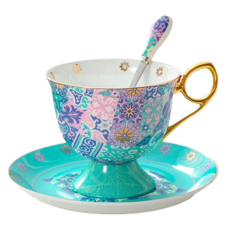 Set de cești de cafea și farfurioară în stil marocan, porțelan osos european, 17 cm